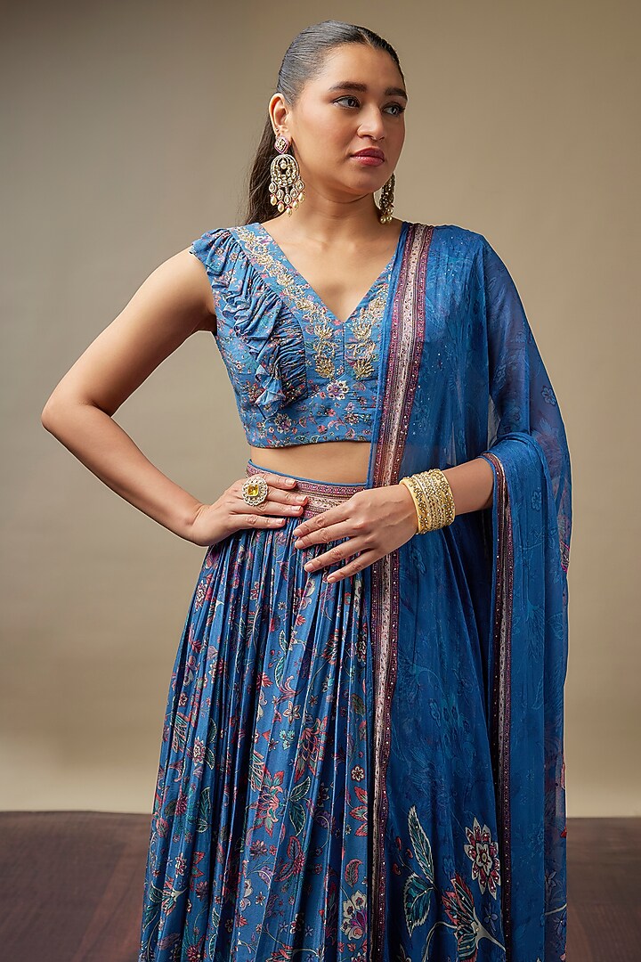 Dusty Blue Raw Silk Printed & Embroidered Wedding Lehenga Set by Vidhi By A La Mode at Pernia's Pop Up Shop