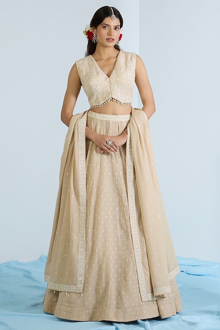 Ecru Pure Chanderi Hand Embroidered Wedding Lehenga Set by Vidhi By A La Mode at Pernia's Pop Up Shop