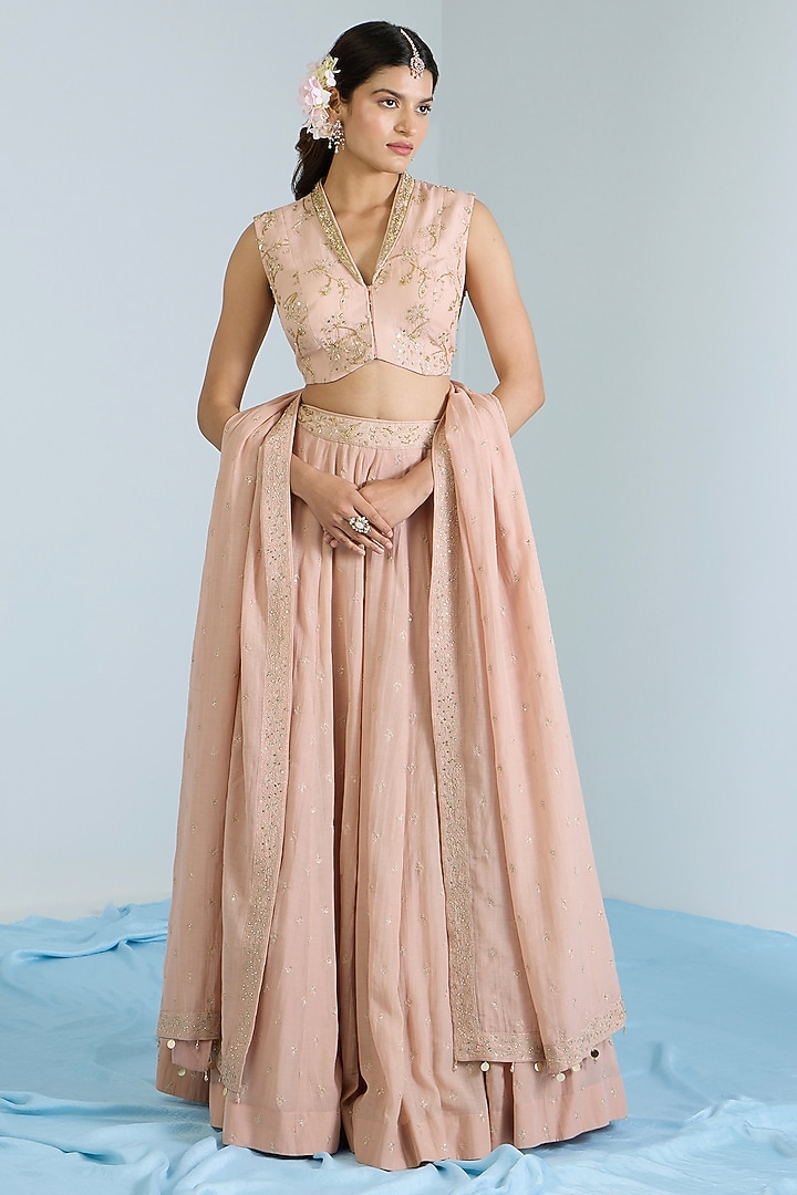 Salmon Pink Pure Chanderi Hand Embroidered Lehenga Set by Vidhi By A La Mode at Pernia's Pop Up Shop