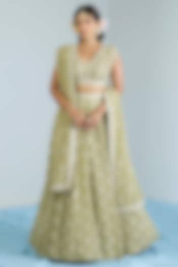 Pistachio Green Pure Chanderi Hand Embroidered Wedding Lehenga Set by Vidhi By A La Mode at Pernia's Pop Up Shop
