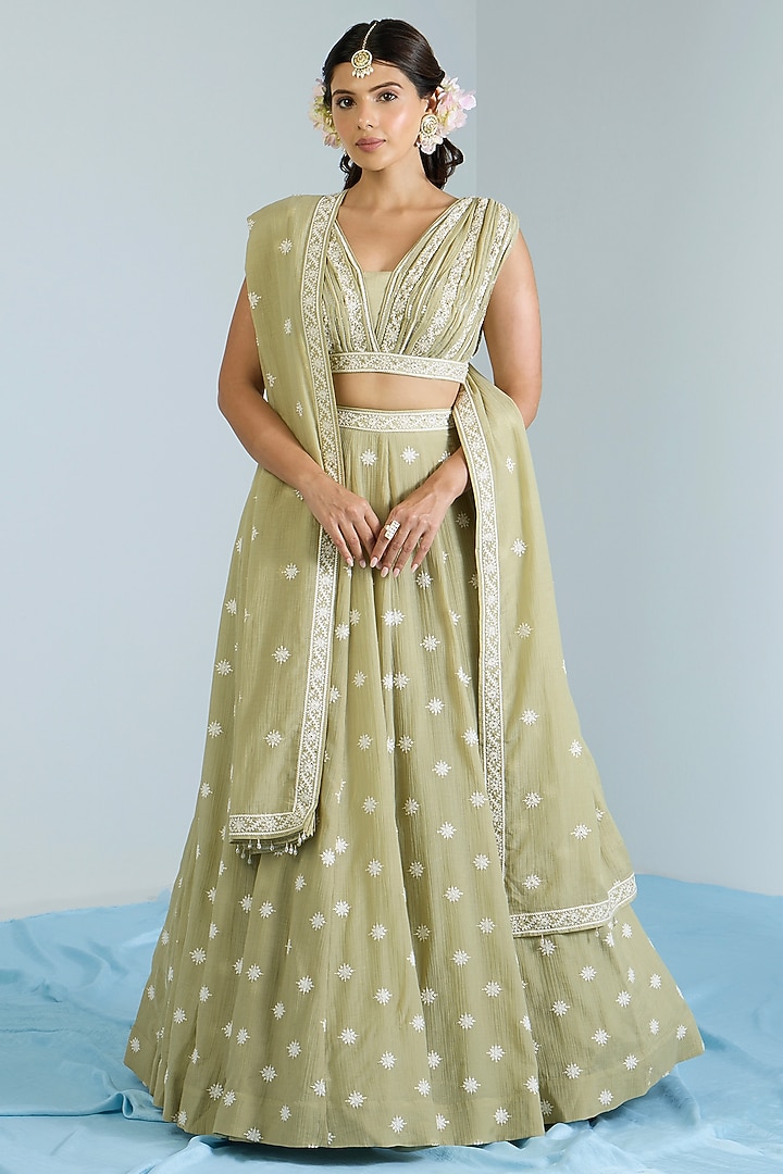 Pistachio Green Pure Chanderi Hand Embroidered Wedding Lehenga Set by Vidhi By A La Mode at Pernia's Pop Up Shop