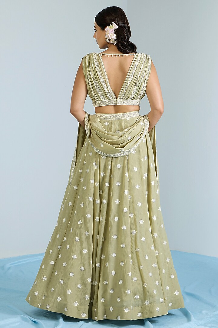 Pistachio Green Pure Chanderi Hand Embroidered Wedding Lehenga Set by Vidhi By A La Mode at Pernia's Pop Up Shop
