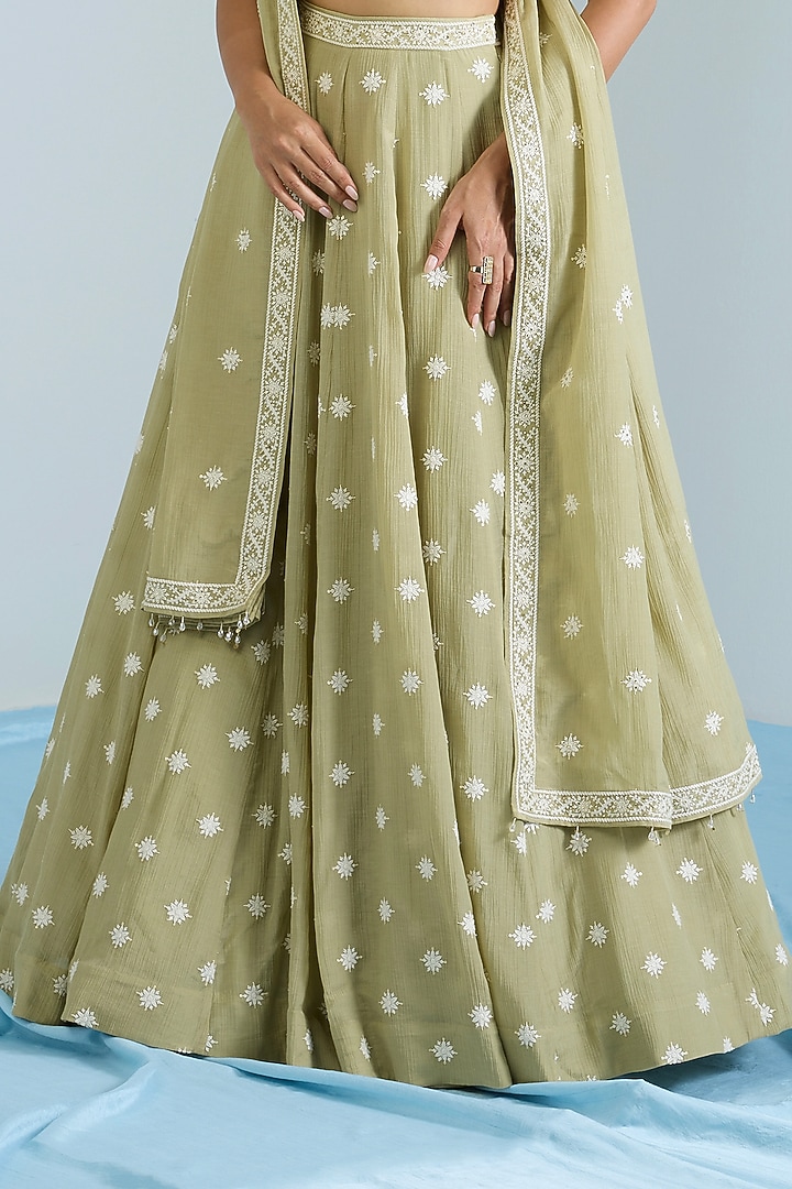 Pistachio Green Pure Chanderi Hand Embroidered Wedding Lehenga Set by Vidhi By A La Mode at Pernia's Pop Up Shop