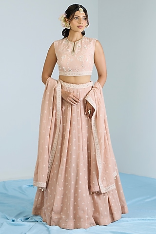 Salmon Pink Pure Chanderi Hand Embroidered Lehenga Set by Vidhi By A La Mode