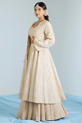 Ecru Pure Chanderi Hand Embroidered Jacket Lehenga Set by Vidhi By A La Mode