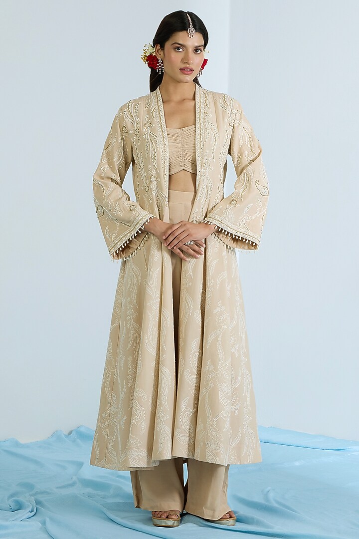 Ecru Pure Chanderi Hand Embroidered Jacket Set by Vidhi By A La Mode at Pernia's Pop Up Shop