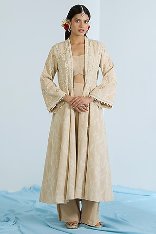 Ecru Pure Chanderi Hand Embroidered Jacket Set by Vidhi By A La Mode