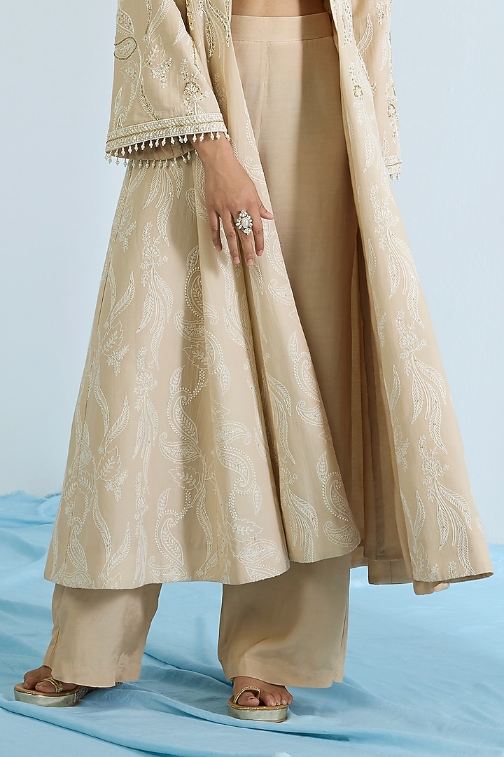 Ecru Pure Chanderi Hand Embroidered Jacket Set by Vidhi By A La Mode at Pernia's Pop Up Shop