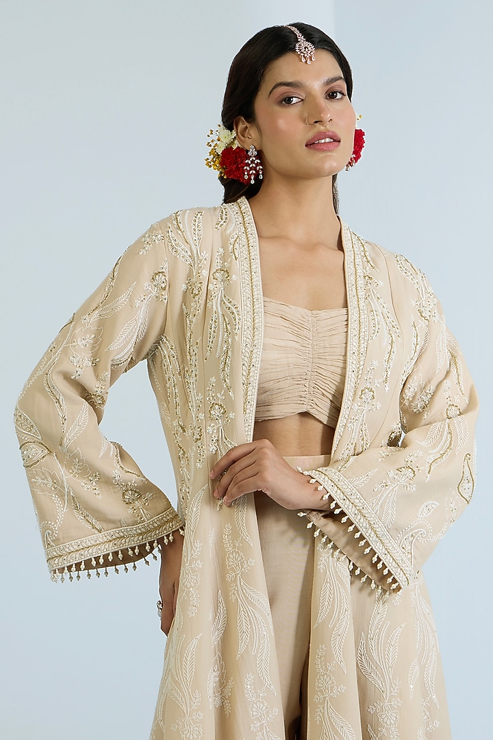 Ecru Pure Chanderi Hand Embroidered Jacket Set by Vidhi By A La Mode at Pernia's Pop Up Shop