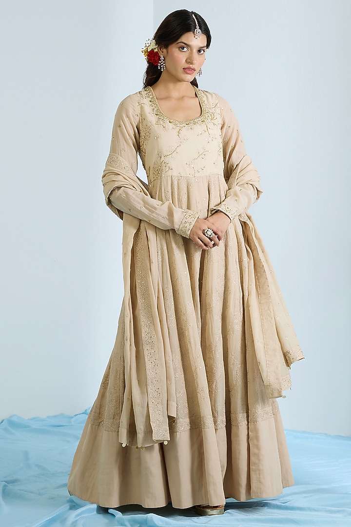 Ecru Pure Chanderi Hand Embroidered Party Wear Anarkali Set by Vidhi By A La Mode at Pernia's Pop Up Shop
