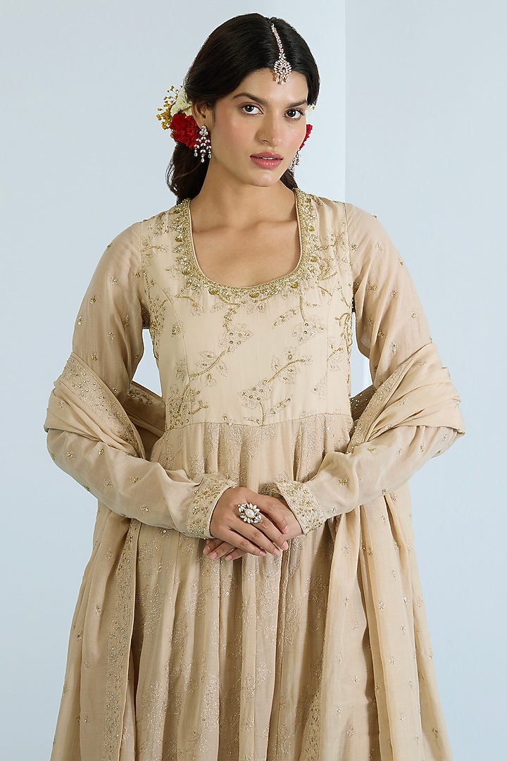 Ecru Pure Chanderi Hand Embroidered Party Wear Anarkali Set by Vidhi By A La Mode at Pernia's Pop Up Shop