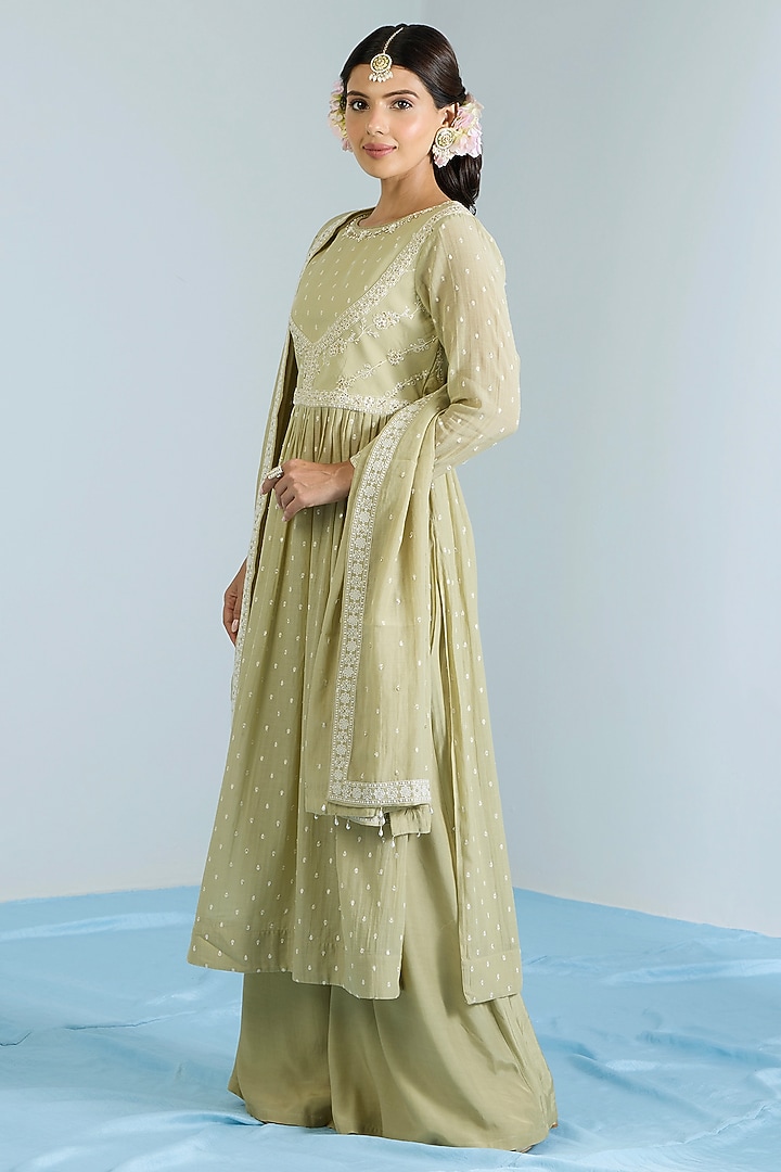 Pistachio Green Pure Chanderi Hand Embroidered Party Wear Anarkali Set by Vidhi By A La Mode at Pernia's Pop Up Shop