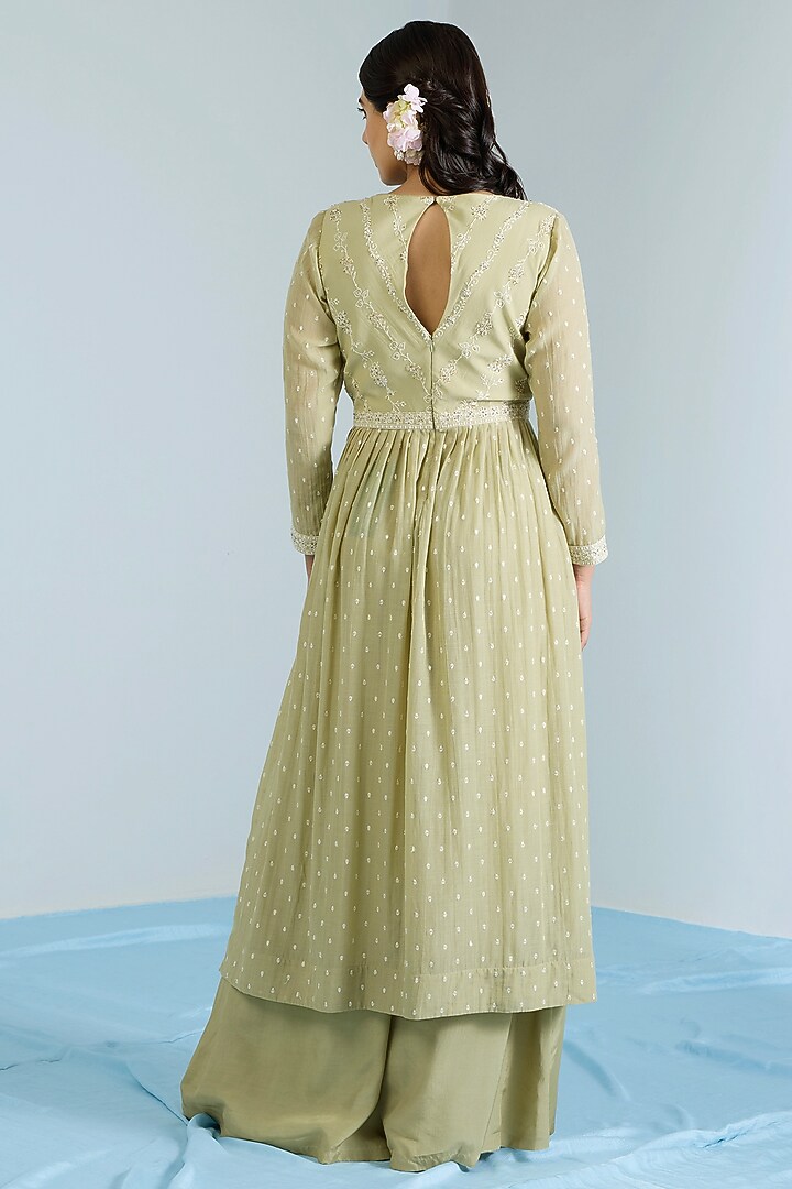 Pistachio Green Pure Chanderi Hand Embroidered Party Wear Anarkali Set by Vidhi By A La Mode at Pernia's Pop Up Shop