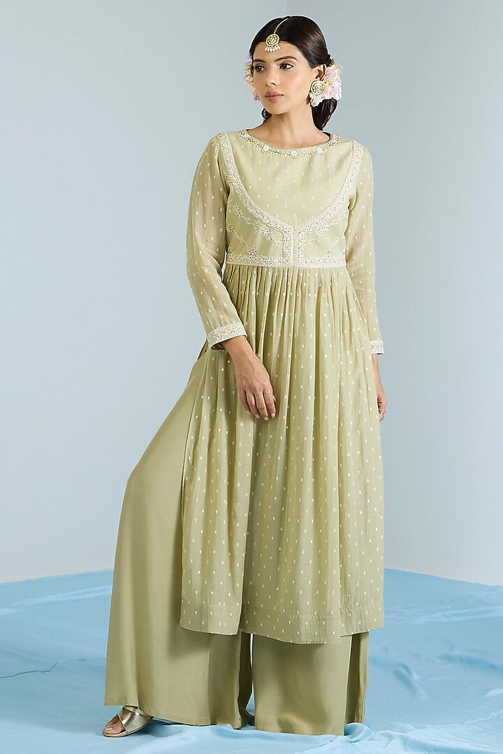 Pistachio Green Pure Chanderi Hand Embroidered Party Wear Anarkali Set by Vidhi By A La Mode at Pernia's Pop Up Shop