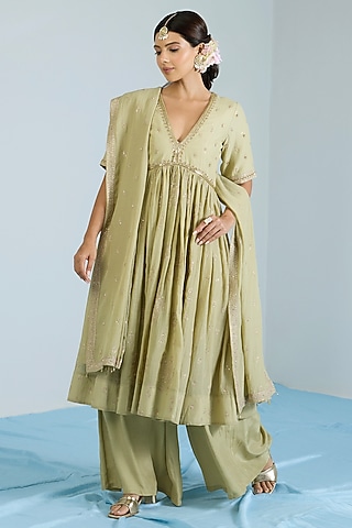 Pistachio Green Pure Chanderi Hand Embroidered Anarkali Set by Vidhi By A La Mode