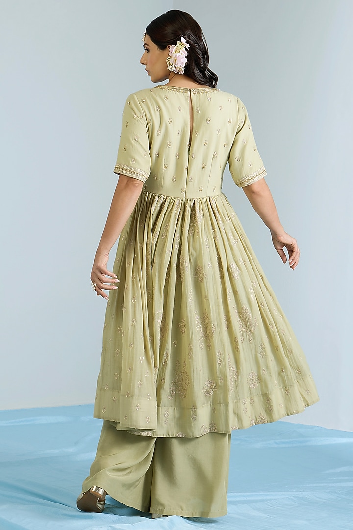 Pistachio Green Pure Chanderi Hand Embroidered Party Wear Anarkali Set by Vidhi By A La Mode at Pernia's Pop Up Shop