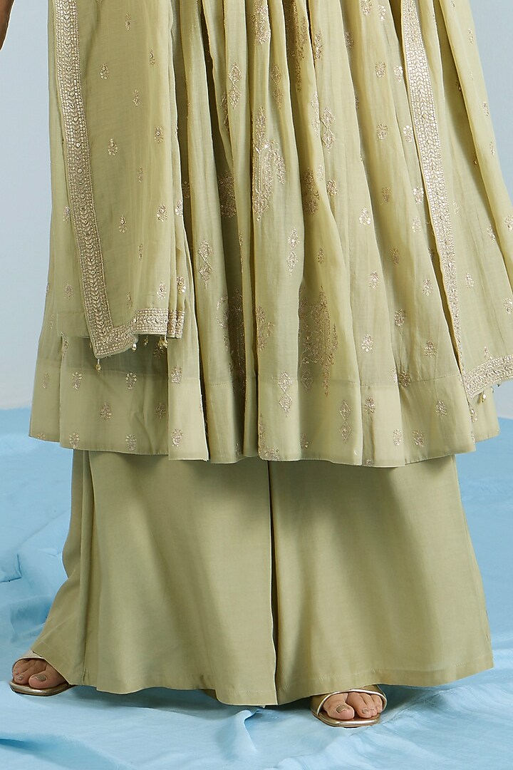 Pistachio Green Pure Chanderi Hand Embroidered Party Wear Anarkali Set by Vidhi By A La Mode at Pernia's Pop Up Shop
