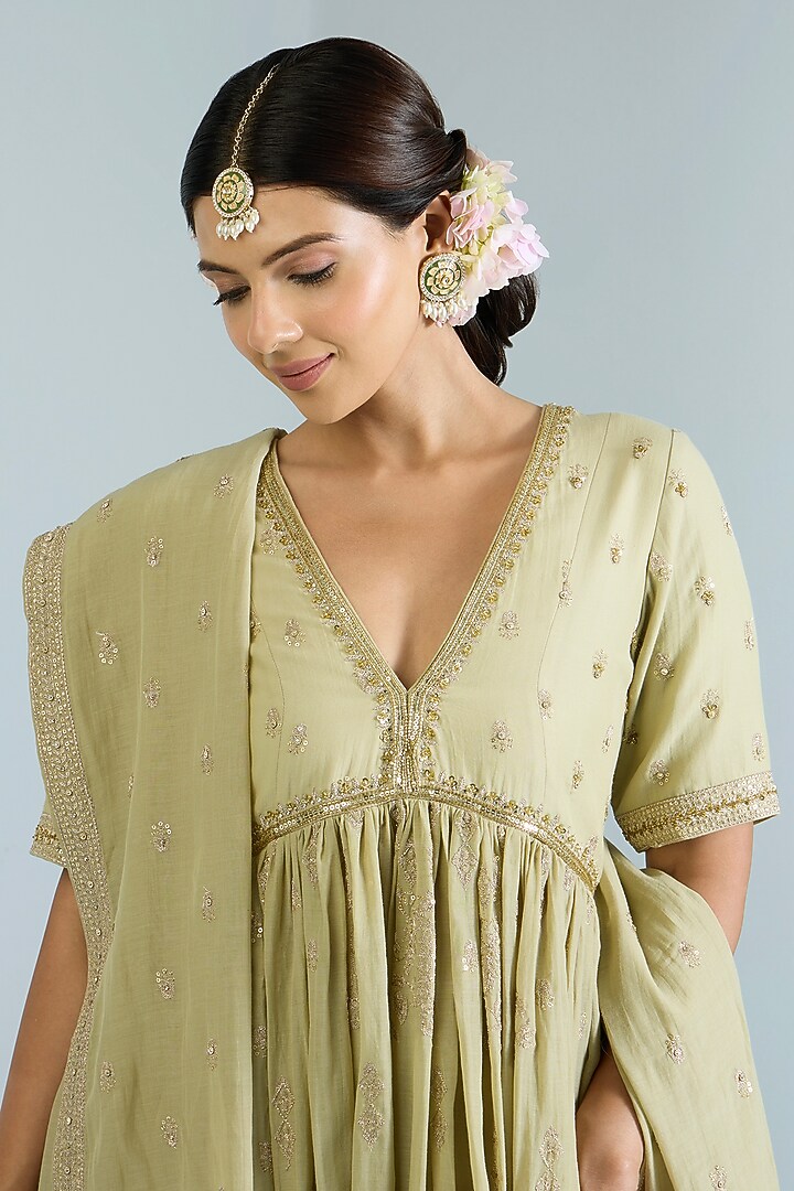 Pistachio Green Pure Chanderi Hand Embroidered Party Wear Anarkali Set by Vidhi By A La Mode at Pernia's Pop Up Shop