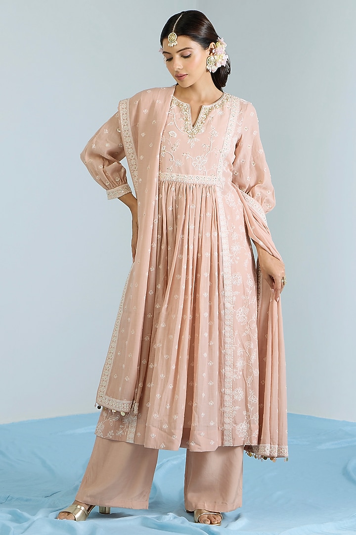 Salmon Pink Pure Chanderi Hand Embroidered Party Wear Anarkali Set by Vidhi By A La Mode at Pernia's Pop Up Shop