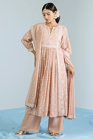 Salmon Pink Pure Chanderi Hand Embroidered Anarkali Set by Vidhi By A La Mode