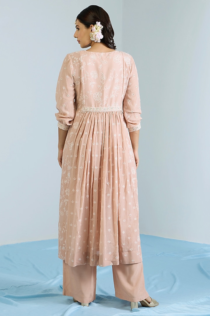 Salmon Pink Pure Chanderi Hand Embroidered Party Wear Anarkali Set by Vidhi By A La Mode at Pernia's Pop Up Shop
