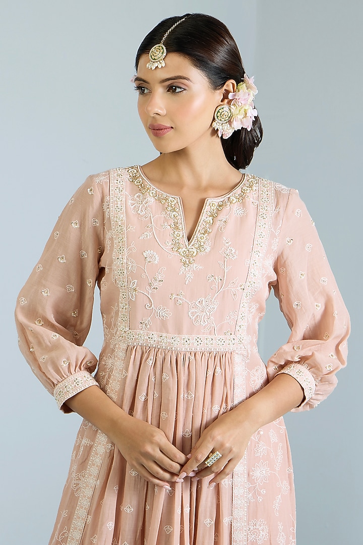 Salmon Pink Pure Chanderi Hand Embroidered Party Wear Anarkali Set by Vidhi By A La Mode at Pernia's Pop Up Shop