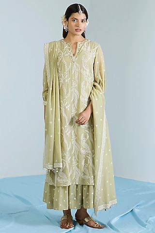 Pistachio Green Pure Chanderi Hand Embroidered Anarkali Set by Vidhi By A La Mode
