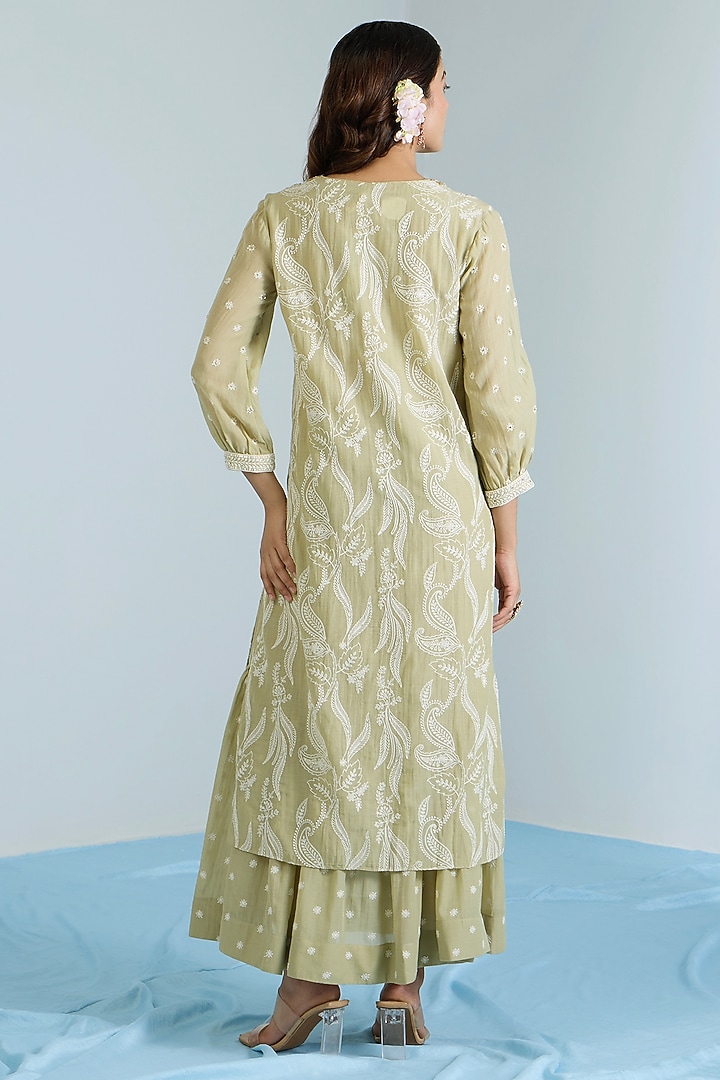 Pistachio Green Pure Chanderi Hand Embroidered Party Wear Anarkali Set by Vidhi By A La Mode at Pernia's Pop Up Shop