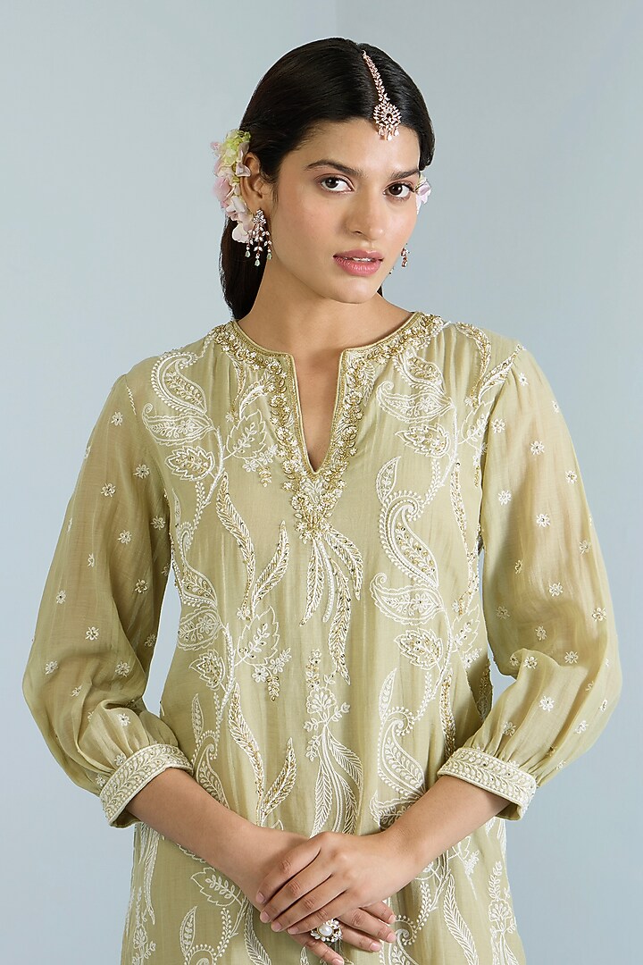 Pistachio Green Pure Chanderi Hand Embroidered Party Wear Anarkali Set by Vidhi By A La Mode at Pernia's Pop Up Shop