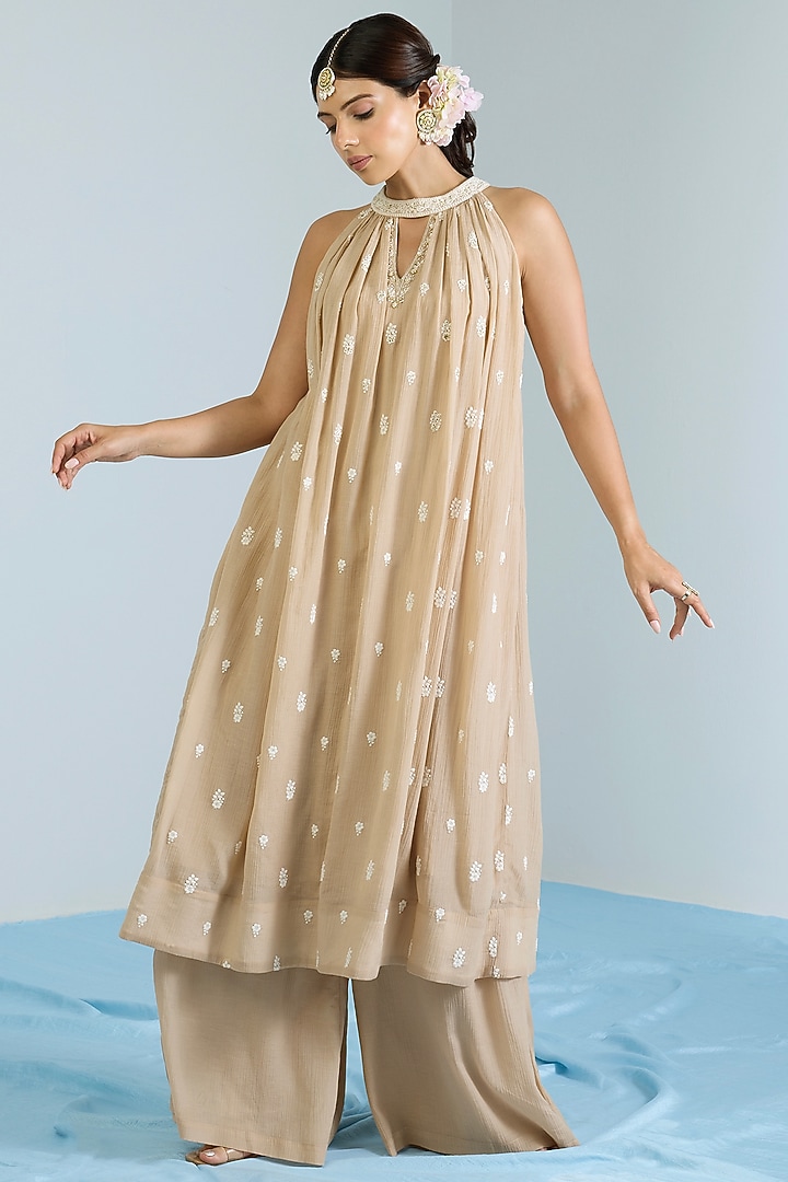 Ecru Pure Chanderi Hand Embroidered Party Wear Anarkali Set by Vidhi By A La Mode at Pernia's Pop Up Shop