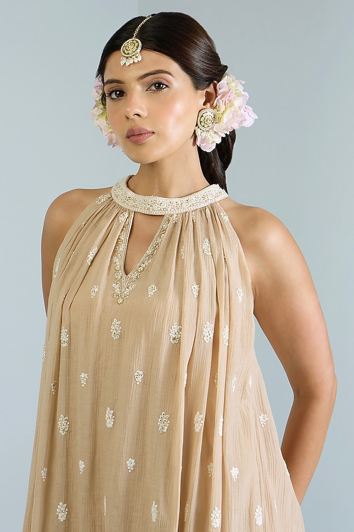 Ecru Pure Chanderi Hand Embroidered Party Wear Anarkali Set by Vidhi By A La Mode at Pernia's Pop Up Shop