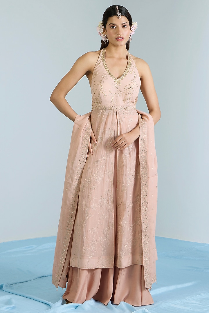Salmon Pink Pure Chanderi Hand Embroidered Party Wear Anarkali Set by Vidhi By A La Mode at Pernia's Pop Up Shop