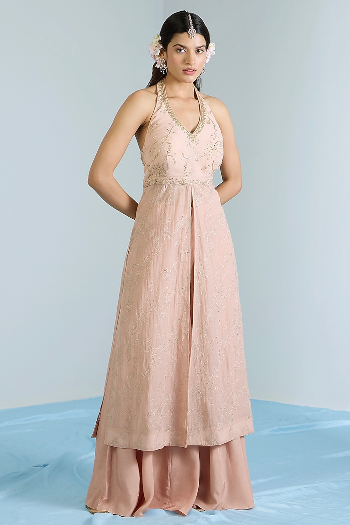 Salmon Pink Pure Chanderi Hand Embroidered Party Wear Anarkali Set by Vidhi By A La Mode at Pernia's Pop Up Shop