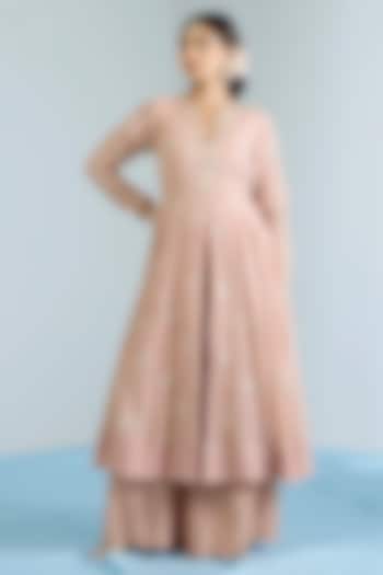 Salmon Pink Pure Chanderi Hand Embroidered Party Wear Anarkali Set by Vidhi By A La Mode at Pernia's Pop Up Shop