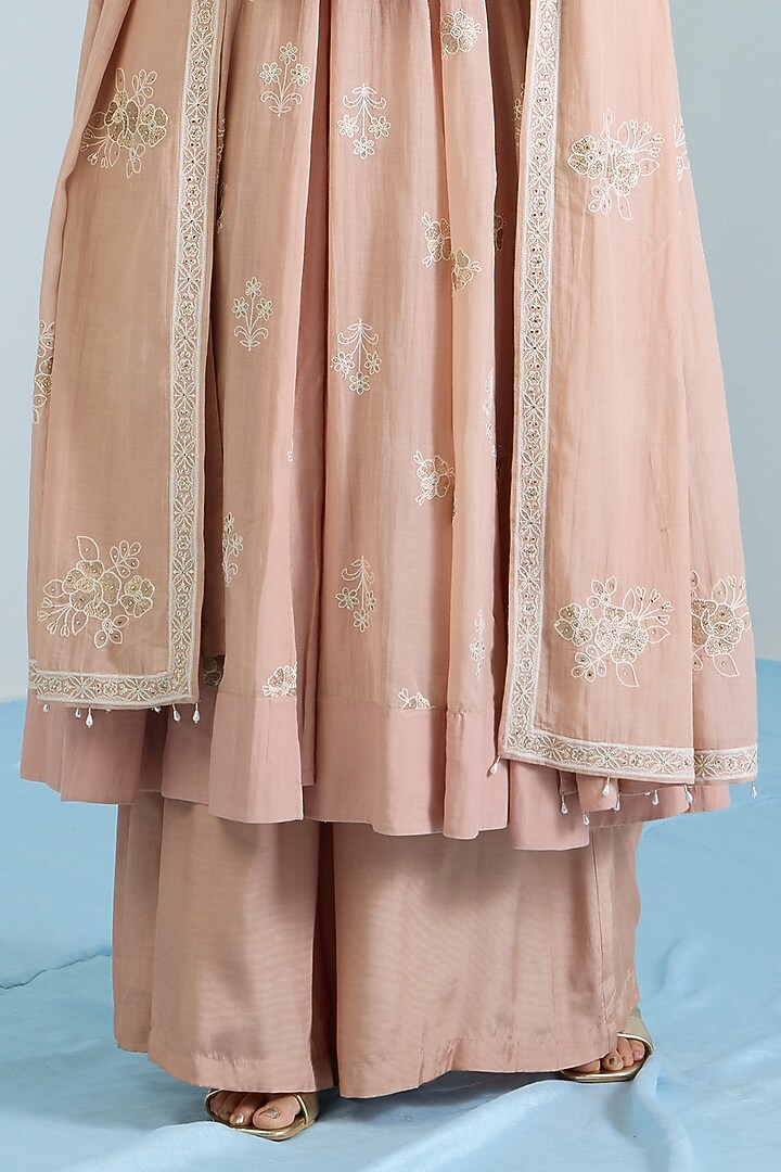 Salmon Pink Pure Chanderi Hand Embroidered Party Wear Anarkali Set by Vidhi By A La Mode at Pernia's Pop Up Shop