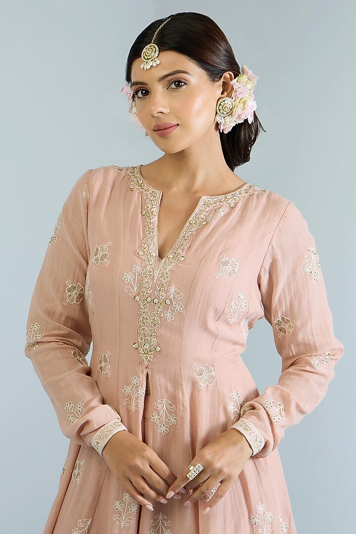 Salmon Pink Pure Chanderi Hand Embroidered Party Wear Anarkali Set by Vidhi By A La Mode at Pernia's Pop Up Shop