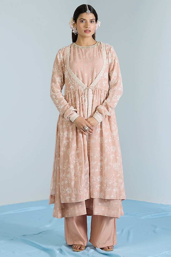 Salmon Pink Pure Chanderi Hand Embroidered Party Wear Anarkali Set by Vidhi By A La Mode at Pernia's Pop Up Shop