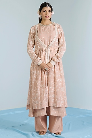 Salmon Pink Pure Chanderi Hand Embroidered Anarkali Set by Vidhi By A La Mode