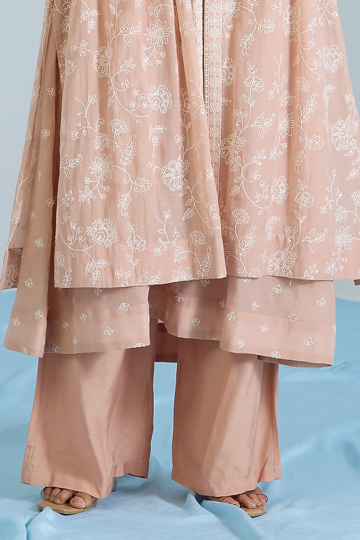 Salmon Pink Pure Chanderi Hand Embroidered Party Wear Anarkali Set by Vidhi By A La Mode at Pernia's Pop Up Shop