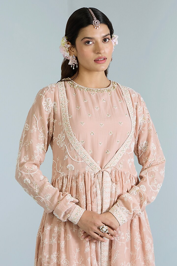 Salmon Pink Pure Chanderi Hand Embroidered Party Wear Anarkali Set by Vidhi By A La Mode at Pernia's Pop Up Shop
