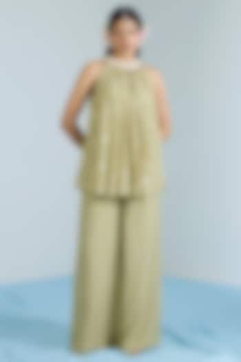 Pistachio Green Pure Chanderi Hand Embroidered Co-Ord Set by Vidhi By A La Mode at Pernia's Pop Up Shop