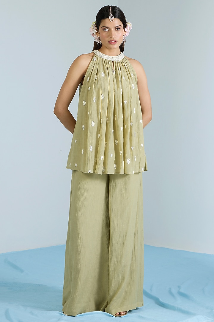 Pistachio Green Pure Chanderi Hand Embroidered Co-Ord Set by Vidhi By A La Mode at Pernia's Pop Up Shop