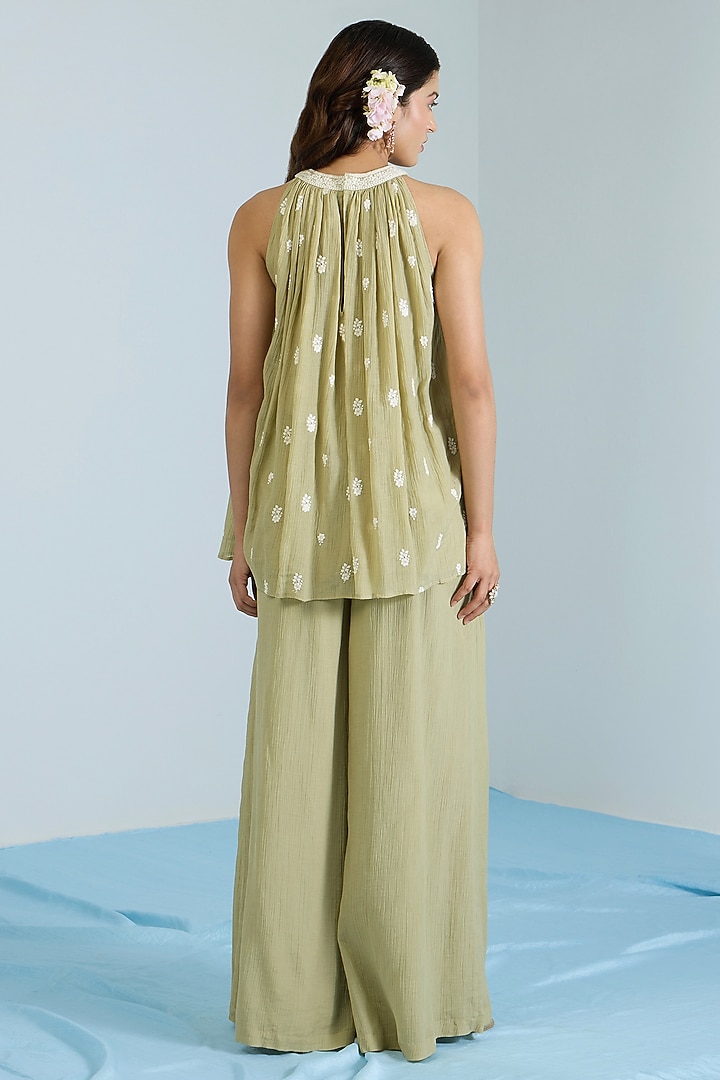 Pistachio Green Pure Chanderi Hand Embroidered Co-Ord Set by Vidhi By A La Mode at Pernia's Pop Up Shop