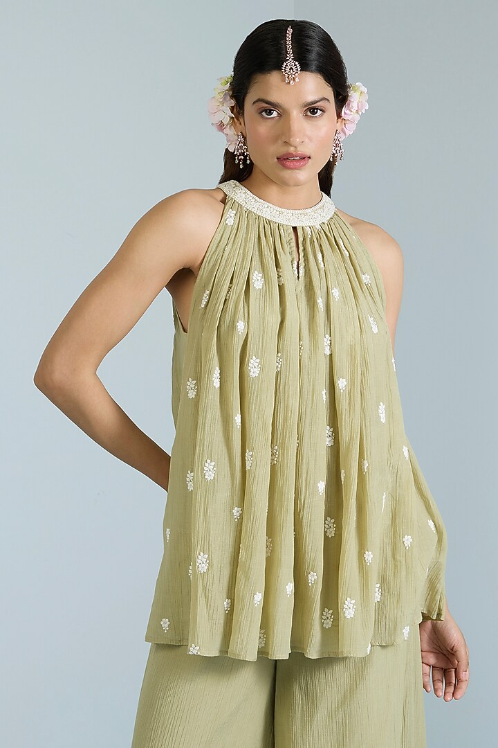 Pistachio Green Pure Chanderi Hand Embroidered Co-Ord Set by Vidhi By A La Mode at Pernia's Pop Up Shop