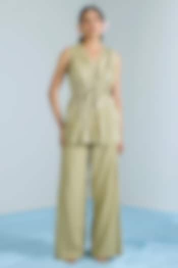 Pistachio Green Pure Chanderi Hand Embroidered Co-Ord Set by Vidhi By A La Mode at Pernia's Pop Up Shop