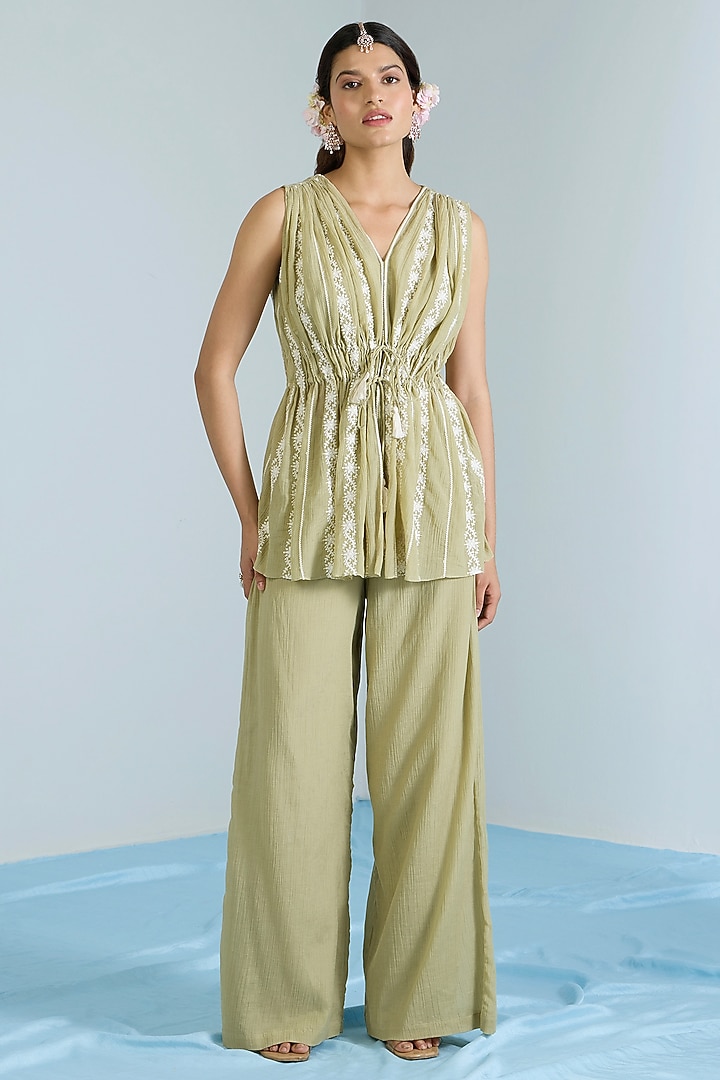 Pistachio Green Pure Chanderi Hand Embroidered Co-Ord Set by Vidhi By A La Mode at Pernia's Pop Up Shop