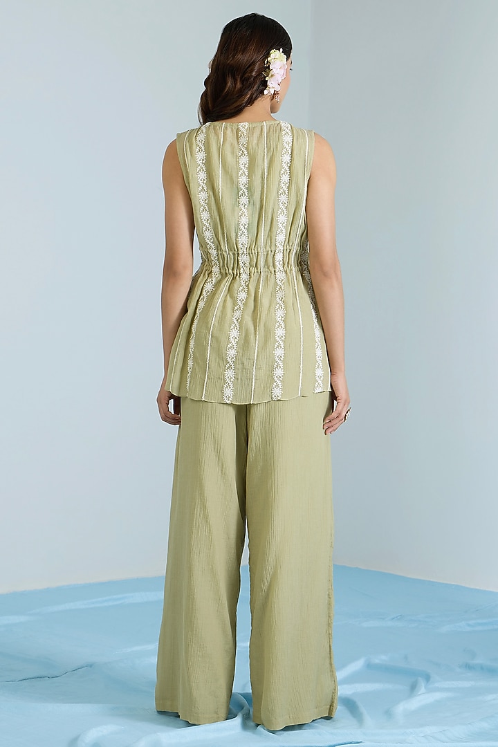 Pistachio Green Pure Chanderi Hand Embroidered Co-Ord Set by Vidhi By A La Mode at Pernia's Pop Up Shop
