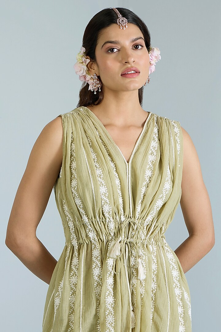 Pistachio Green Pure Chanderi Hand Embroidered Co-Ord Set by Vidhi By A La Mode at Pernia's Pop Up Shop