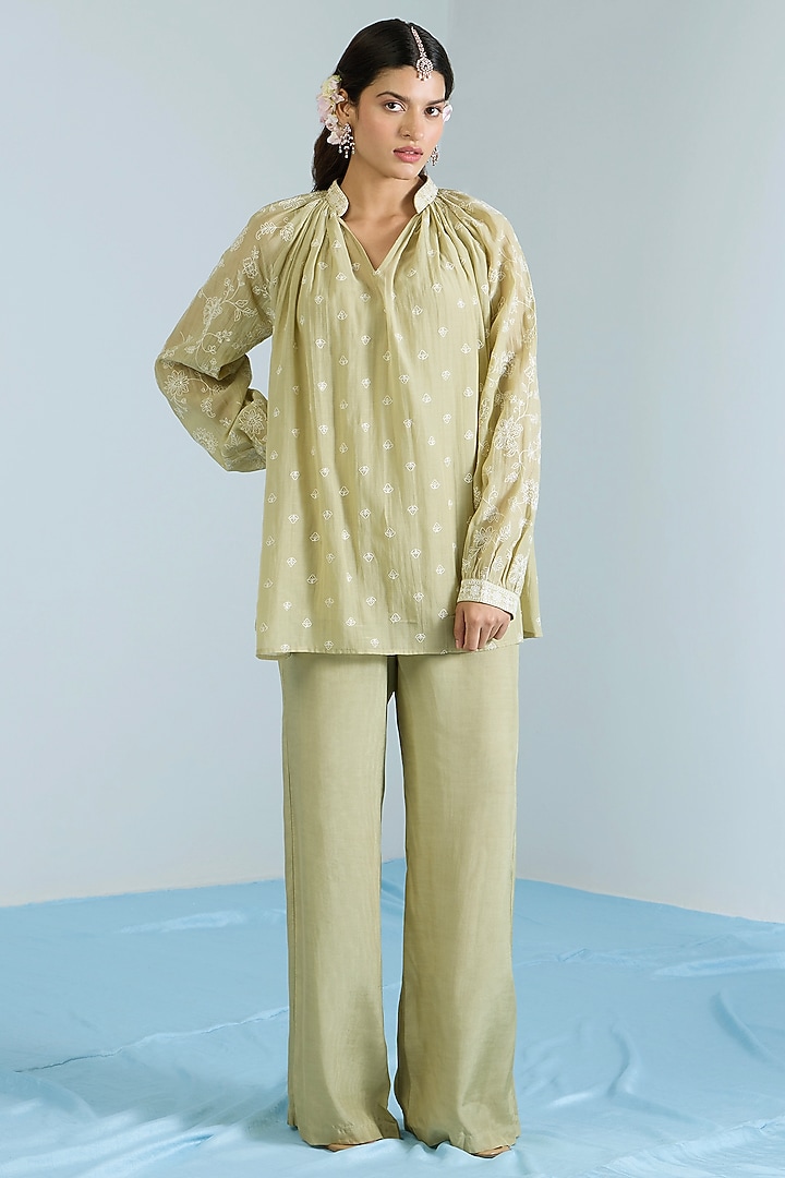 Pistachio Green Pure Chanderi Hand Embroidered Co-Ord Set by Vidhi By A La Mode at Pernia's Pop Up Shop