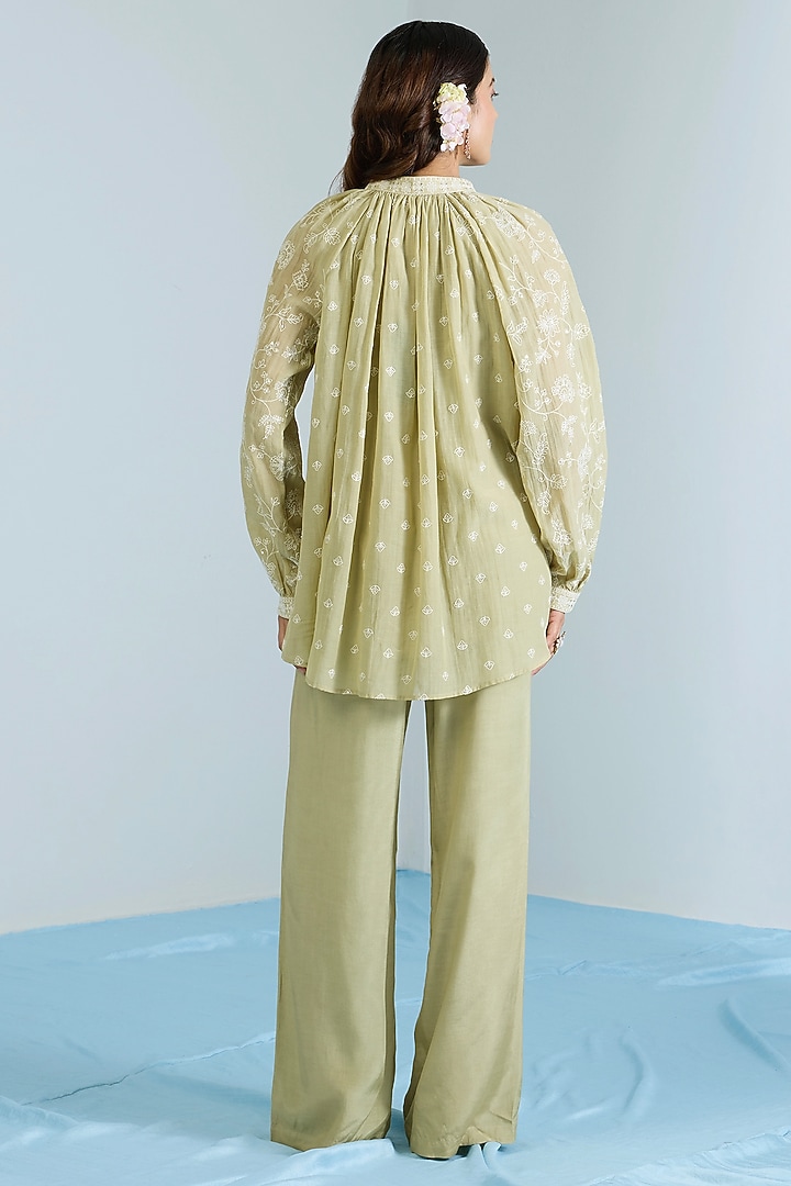Pistachio Green Pure Chanderi Hand Embroidered Co-Ord Set by Vidhi By A La Mode at Pernia's Pop Up Shop